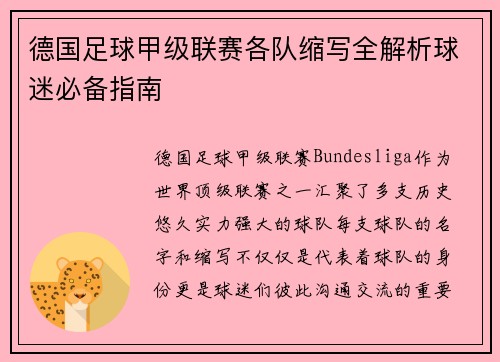 德国足球甲级联赛各队缩写全解析球迷必备指南
