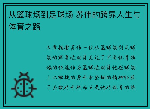 从篮球场到足球场 苏伟的跨界人生与体育之路