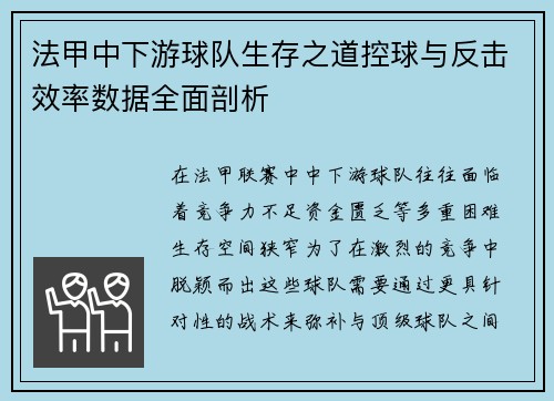 法甲中下游球队生存之道控球与反击效率数据全面剖析